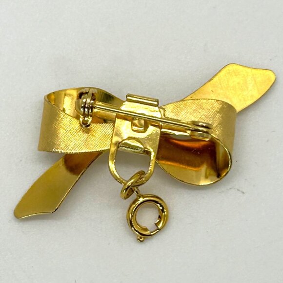 Vintage Gold Bow Brooch With Ring Clasp Malachite Heart Charm Victorian Revival - Picture 13 of 16